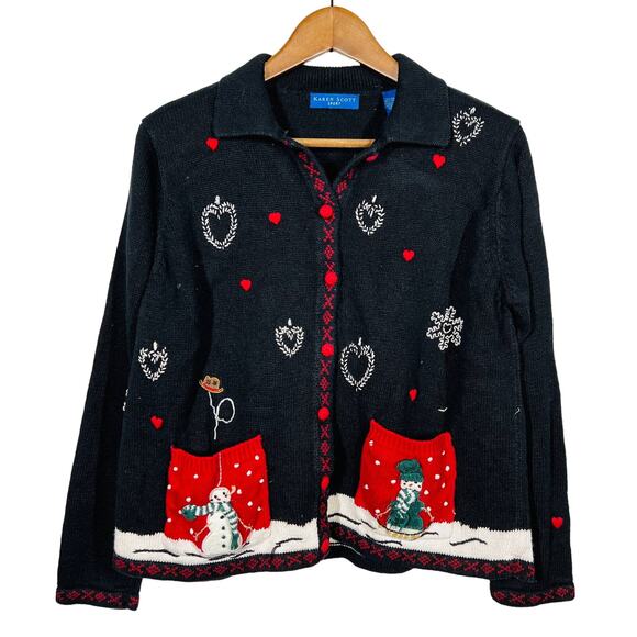 Vintage Christmas Sweater Karen Scott Sport Cardigan Button Front Black - L - Picture 1 of 5